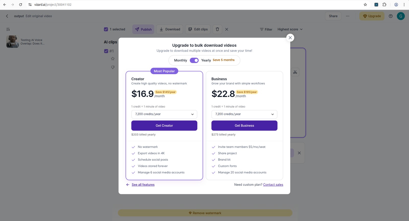 Vizard AI result screen showing watermark or export limitation