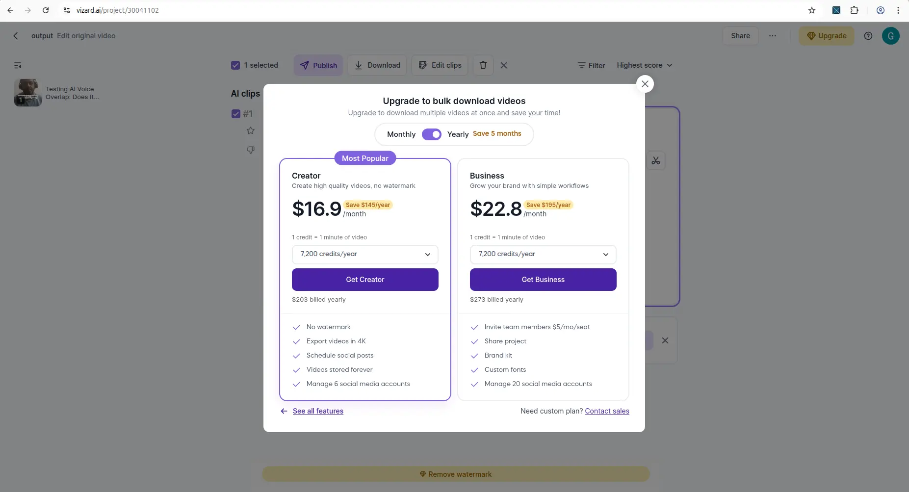 Vizard AI result screen showing watermark or export limitation