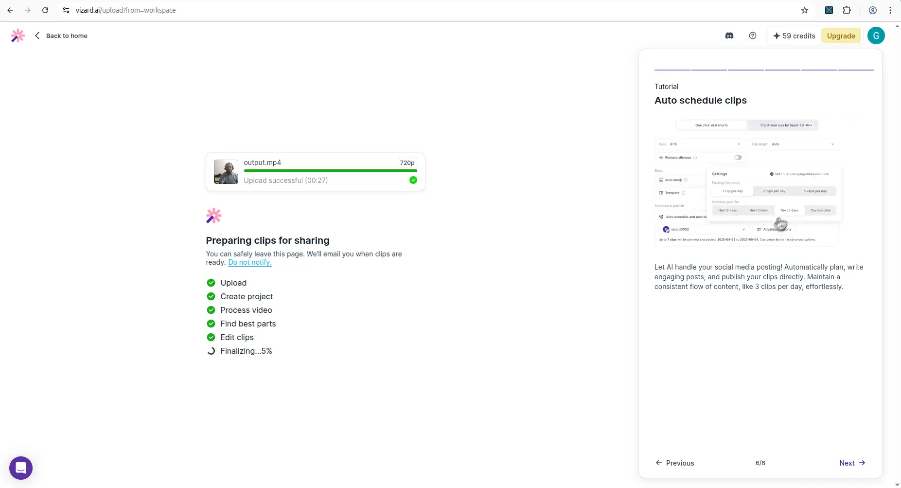 Vizard AI clip processing on the free plan before the watermarked download step