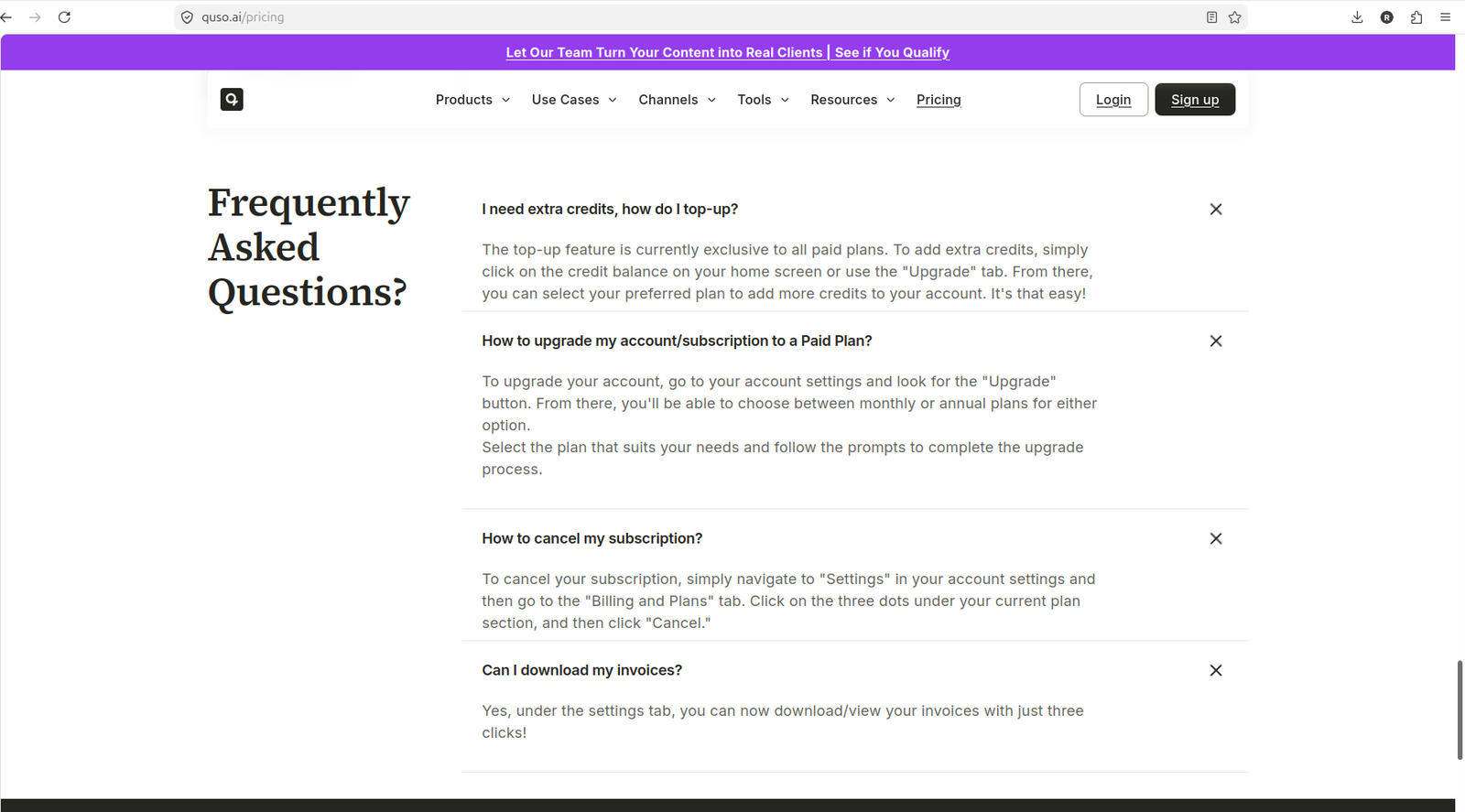 Quso.ai free plan upgrade modal blocking clip generation before processing starts