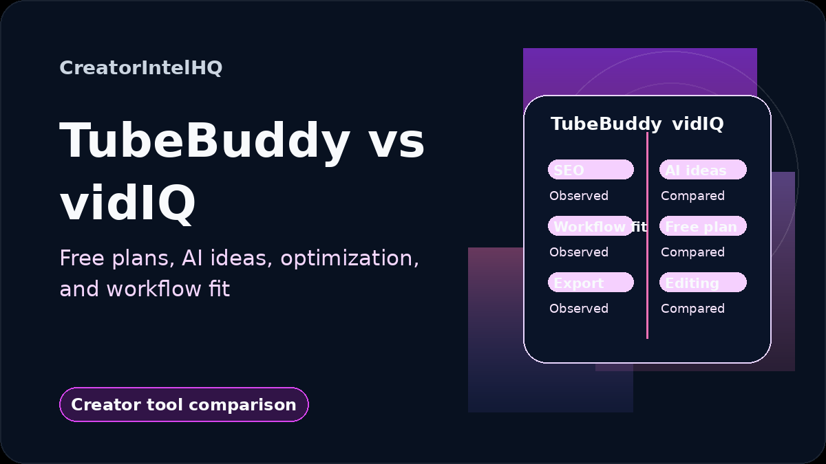 CreatorIntelHQ TubeBuddy vs vidIQ comparison card covering free plans, AI ideas, optimization, SEO tools, and workflow fit.