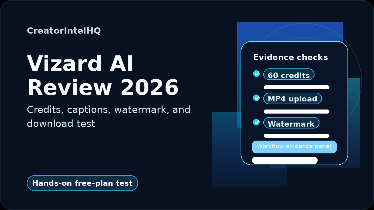 CreatorIntelHQ Vizard AI Review 2026 card covering credits, captions, watermark, MP4 upload, editor access, and download testing.